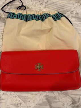 Tory Burch Red Leather Envelope Clutch with Gold Logo